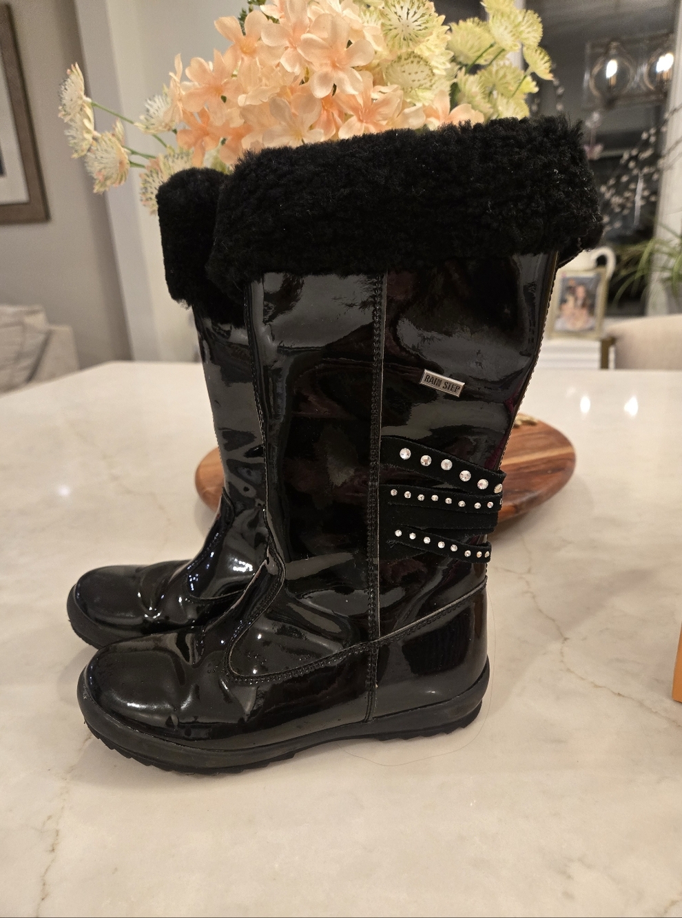 Black Patent Winter Boots with Faux Fur Trim